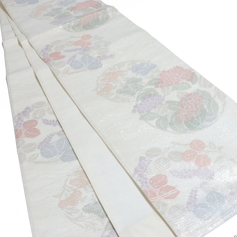 袋帯 リサイクル 帯丈430cm 六通 花丸 紫陽花柄 夏物 アイボリー Sサイズ 正絹 Sランク お洒落