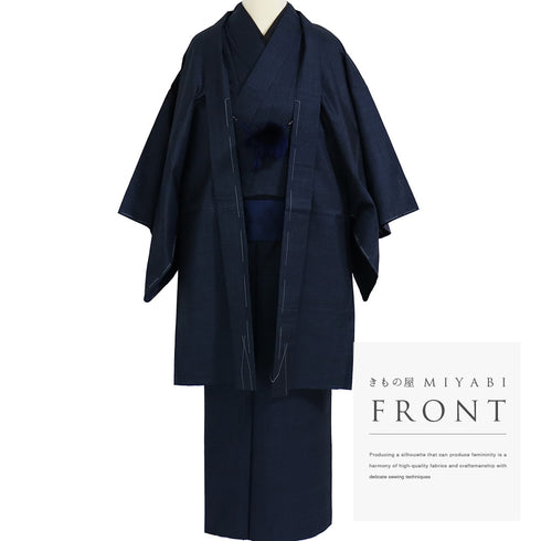 アンサンブル 男物 リサイクル 身丈150.2cm 裄68cm 羽織丈100cm 袷 大島 ネイビー Lサイズ お洒落 カジュアル しつけ糸 正絹 棒衿 Sランク