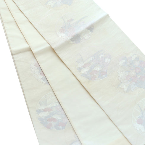 袋帯 リサイクル 帯丈430cm 六通 夏物 丸に秋草柄 紗 ベージュ Sサイズ 正絹 Sランク セミフォーマル お洒落