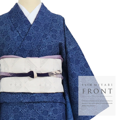 訪問着 リサイクル 身丈156cm 裄63cm 袷 藍染め 更紗柄 部分絞り ブルー Mサイズ セミフォーマル 正絹 広衿 Aランク