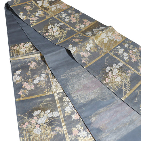 袋帯 リサイクル 帯丈436cm 六通 芯なし 天井画風 夏物 グレー Mサイズ 混合 Sランク フォーマル セミフォーマル