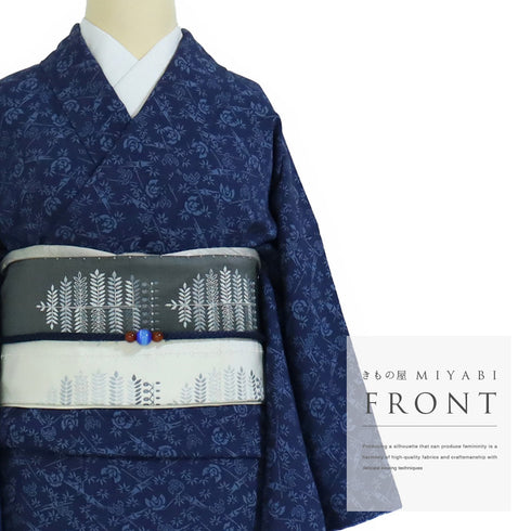 訪問着 リサイクル 身丈156.2cm 裄64.4cm 袷 竹に雀や花模様 ネイビー Mサイズ お洒落 正絹 広衿 Aランク