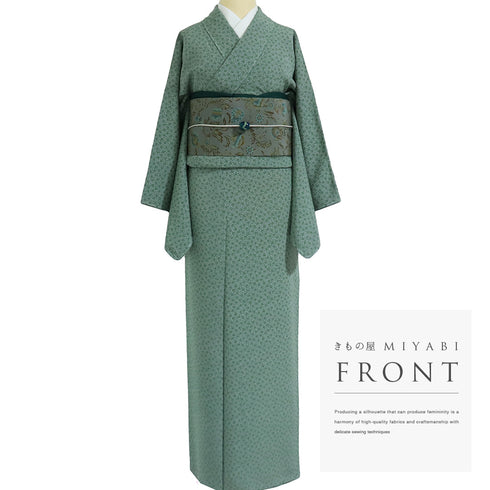 小紋 リサイクル 身丈171.2cm 裄66.4cm 袷 小花柄 グリーン LLサイズ お洒落 カジュアル 正絹 広衿 Sランク