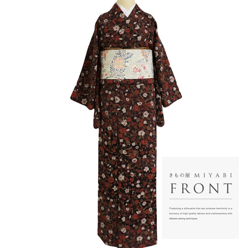 小紋 リサイクル 身丈159.2cm 裄64.8cm 袷 花柄 椿 部分絞り ブラウン Mサイズ お洒落 カジュアル 正絹 広衿 Sランク