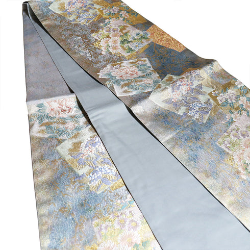 袋帯 リサイクル 帯丈430cm 六通 花色紙柄 西陣織 ブルー Sサイズ 正絹 新品・未使用品 フォーマル セミフォーマル