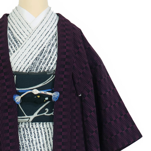 羽織 リサイクル 身丈77cm 裄62.4cm 袷 市松柄 パープル SSサイズ お洒落 ポリエステル 洗える着物 Sランク