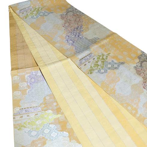 袋帯 リサイクル 帯丈442cm 六通 吉祥柄 道長取茶袋名物文 イエロー Mサイズ 正絹 Sランク フォーマル セミフォーマル