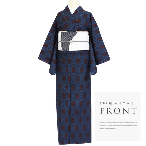 紬 リサイクル 身丈162cm 裄64.8cm 袷 結城紬 亀甲柄 ブルー Lサイズ カジュアル お洒落 証紙 しつけ糸 正絹 広衿 Aランク