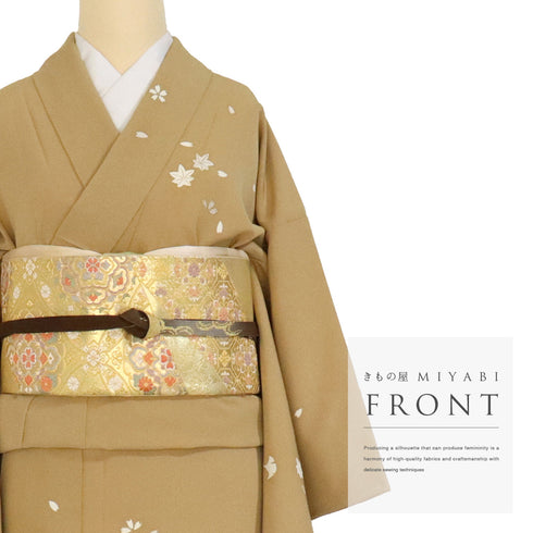 訪問着 身丈161.5cm 裄64.4cm 袷 うろこに宝尽くし柄 金駒刺繍 箔 パールトーン加工 ブラウン Lサイズ セミフォーマル しつけ糸 正絹 広衿 Sランク