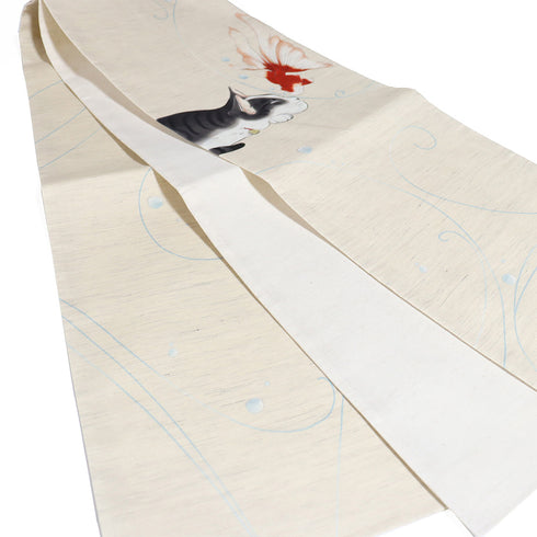 京袋帯 リサイクル 帯丈386cm ポイント柄 猫と金魚柄 WAKKA 夏物 ベージュ Lサイズ 麻 新品・未使用品 お洒落 カジュアル
