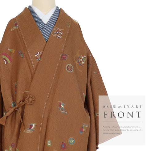 道中着 リサイクル 身丈104.5cm 裄67.2cm 袷 ロング丈 手毬や和傘柄 ブラウン Lサイズ お洒落 しつけ糸 正絹 未使用品