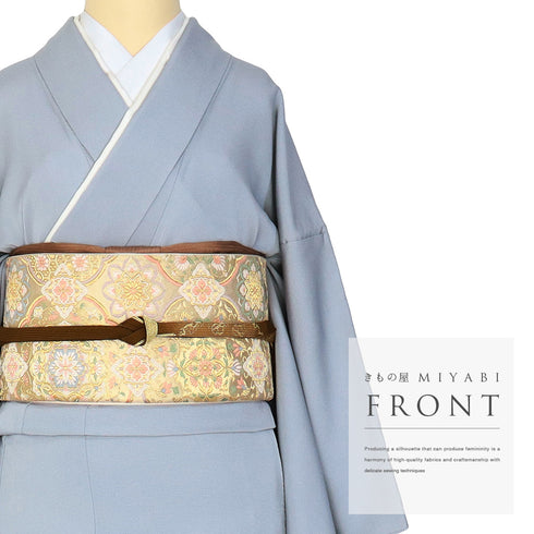 色留袖 リサイクル 身丈171cm 裄66.8cm 袷 デザイン青海波に華紋柄 金駒刺繍 箔 ブルー LLサイズ セミフォーマル 一つ紋 正絹 広衿 Aランク