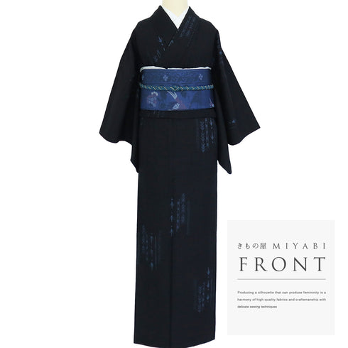 紬 リサイクル 身丈156cm 裄62.4cm 袷 絣柄 ネイビー Mサイズ お洒落 カジュアル 正絹 広衿 Sランク