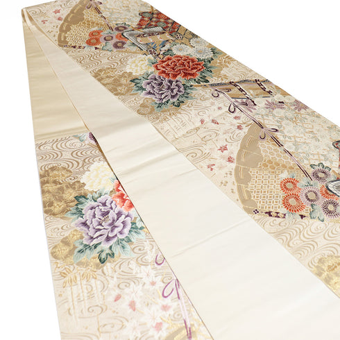 袋帯 リサイクル 帯丈440cm 六通 几帳御所車や牡丹柄 刺繍 ゴールド Mサイズ 正絹 新品・未使用品 フォーマル セミフォーマル