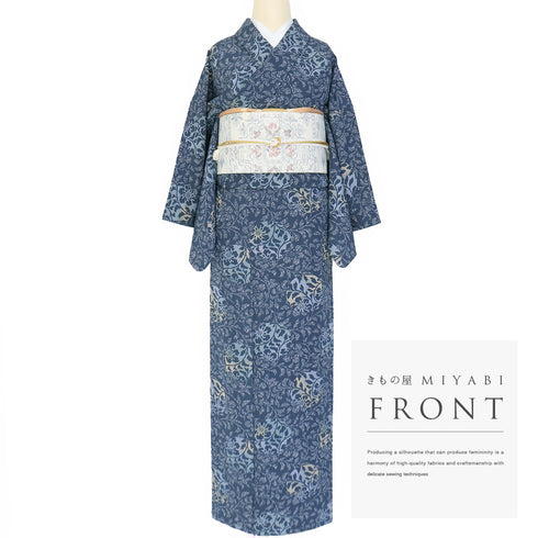 小紋 リサイクル 身丈155cm 裄64.6cm 袷 たたきに蔓草花模様 ブルー Sサイズ お洒落 カジュアル 正絹 広衿 Sランク