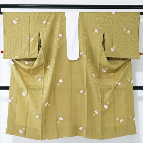 長襦袢 リサイクル 身丈128.8cm 裄66cm 袷 ぽっくりや桜柄 地紋 後身頃居敷当て付き イエロー Mサイズ お洒落 正絹 Sランク
