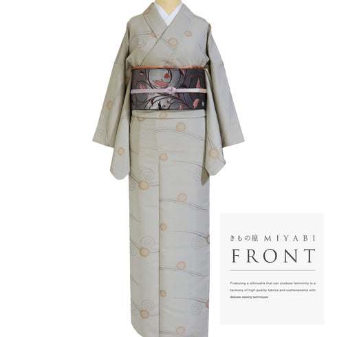 小紋 リサイクル 身丈153.8cm 裄64.8cm 袷 菊柄 デザイン蔓柄 パールトーン加工 グレー Sサイズ お洒落 しつけ糸 正絹 広衿 Aランク