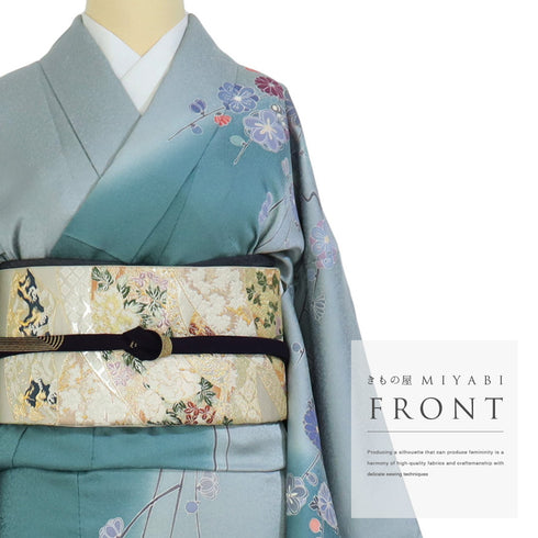 訪問着 リサイクル 身丈166.5cm 裄66.8cm 袷 蝶や松に枝垂れ桜柄 金駒刺繍 箔 パールトーン加工 ブルー LLサイズ セミフォーマル お洒落 一つ紋 正絹 広衿 Sランク