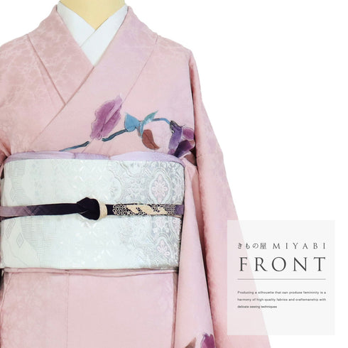 付下げ リサイクル 身丈164.3cm 裄66cm 袷 花柄 光 ピンク Lサイズ お洒落 正絹 広衿 Aランク