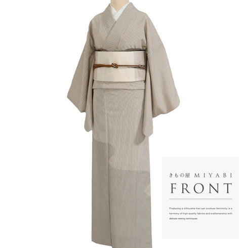 付下げ リサイクル 身丈166.8cm 裄66.2cm 袷 本塩沢 紬 ストライプ 雲取り ベージュ LLサイズ お洒落 正絹 広衿 Sランク