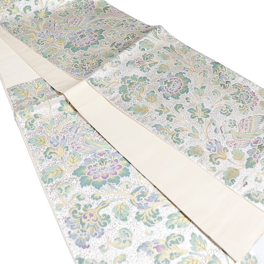 リサイクル 袋帯 帯丈432cm 六通 鳳凰に花唐草柄 シルバー Sサイズ