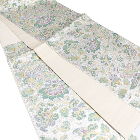 袋帯 リサイクル 帯丈432cm 六通 鳳凰に花唐草柄 シルバー Sサイズ 正絹 新品・未使用品 フォーマル セミフォーマル