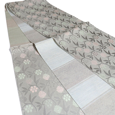 袋帯 リサイクル 帯丈448cm 六通 草花模様 グレー Mサイズ 正絹 Sランク お洒落