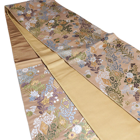 袋帯 リサイクル 帯丈444cm 六通 唐文に花柄の刺繍 正倉唐文 ブラウン Mサイズ 正絹 Sランク フォーマル セミフォーマル