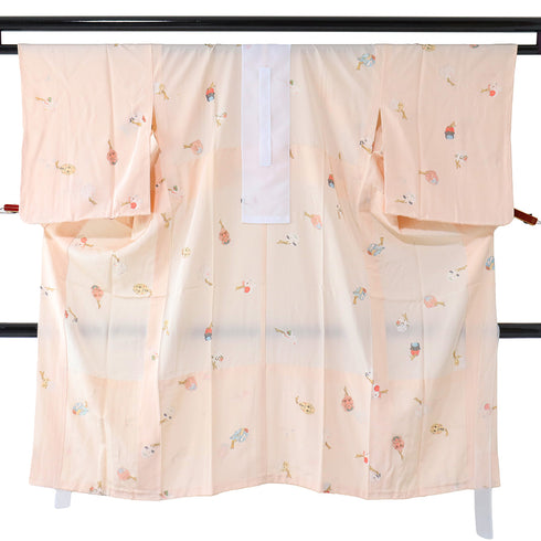 長襦袢 リサイクル 長襦袢 身丈122.5cm 裄64cm 袷 干支と鈴柄 箔 ピンク Sサイズ お洒落 正絹 袖無双 Aランク