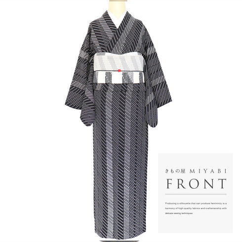 小紋 リサイクル 身丈158.5cm 裄65.6cm 袷 幾何学模様 ブラック Mサイズ お洒落 カジュアル 正絹 広衿 Sランク