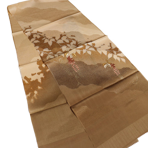 帯揚げ リサイクル お洒落 綸子 正絹 ベージュ 地紋 葉柄 新品・未使用品 AG-1218