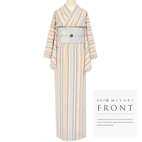 小紋 リサイクル 身丈166.8cm 裄64.4cm 袷 縞柄 ベージュ LLサイズ お洒落 カジュアル 正絹 広衿 Aランク