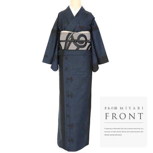 紬 リサイクル 身丈161.3cm 裄65.2cm 袷 都喜エ門 鶴柄 ネイビー Lサイズ お洒落 証紙 正絹 広衿 Sランク