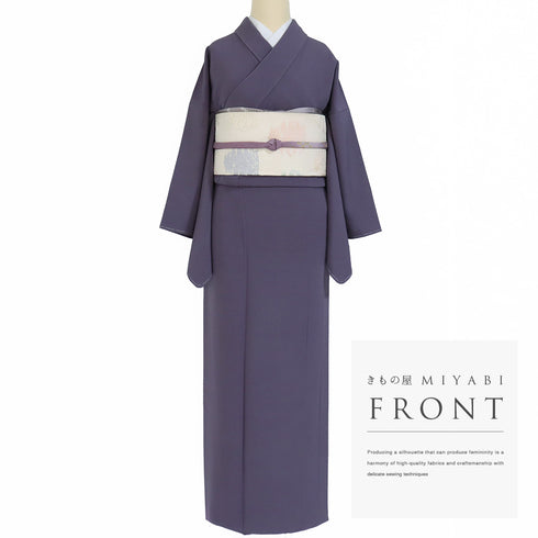 色無地 リサイクル 身丈161cm 裄65.6cm 袷 パープル Lサイズ セミフォーマル お洒落 一つ紋 正絹 広衿 地紋なし Sランク