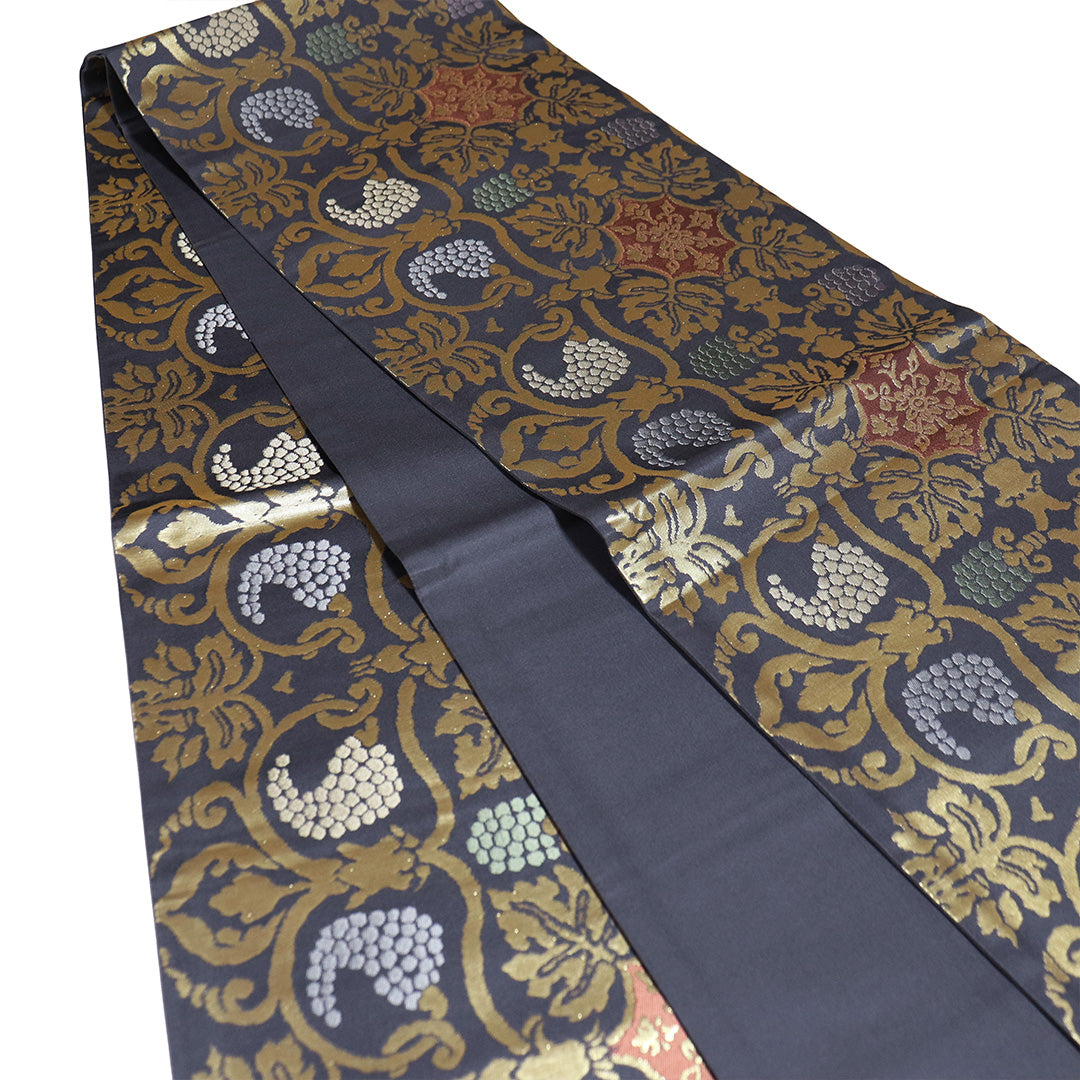 リサイクル 袋帯 帯丈440cm 全通 名物裂全通柄 グレー Mサイズ 正絹 S