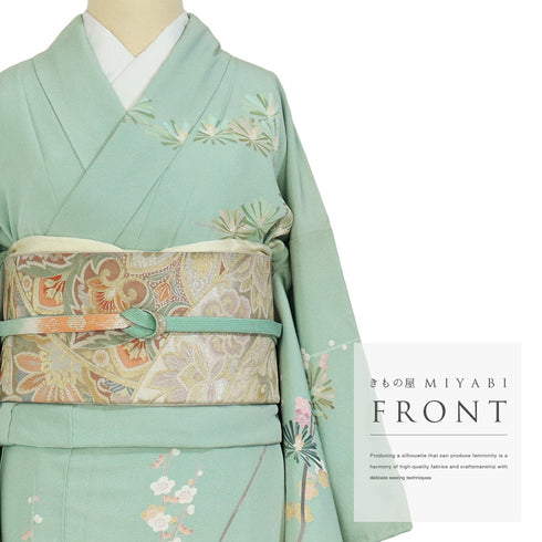 訪問着 リサイクル 身丈162.7cm 裄66.4cm 袷 若松模様 花柄 グリーン Lサイズ セミフォーマル 落款 一つ紋 しつけ糸 正絹 広衿 Aランク