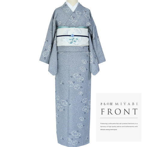 小紋 リサイクル 身丈155cm 裄65.1cm 袷 椿柄 グレー Sサイズ お洒落 カジュアル しつけ糸 正絹 広衿 Sランク