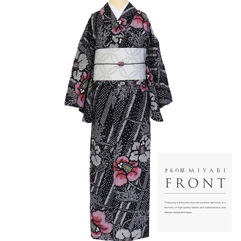 浴衣 リサイクル 夏着物 身丈153cm 裄68cm 夏物 有松鳴海本絞り 斜めに縞にハイビスカス模様 ブラック Sサイズ カジュアル 木綿 洗える着物 バチ衿 Sランク