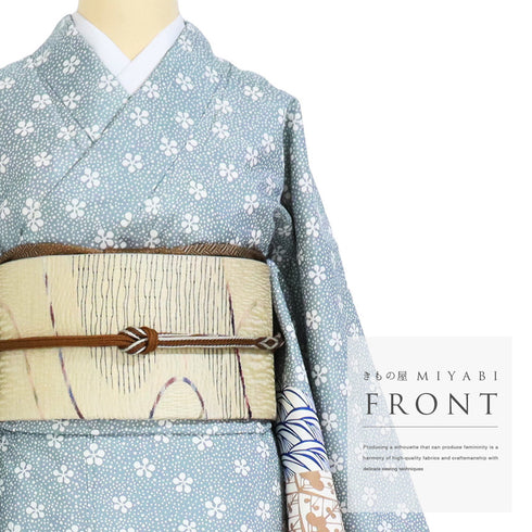 付下げ リサイクル 身丈155.7cm 裄64.6cm 袷 紬 梅鉢模様に裂取り柄 染め ブルー Mサイズ お洒落 正絹 広衿 Aランク