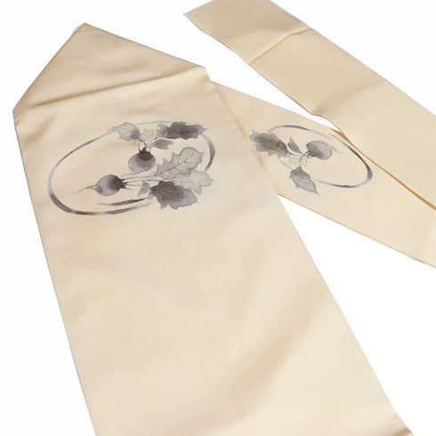 名古屋帯 リサイクル 帯丈374cm ポイント柄 塩瀬 カブ柄 ベージュ Mサイズ 正絹 Aランク お洒落 落款