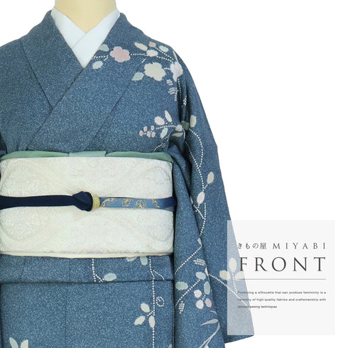 訪問着 リサイクル 身丈159.8cm 裄64.4cm 袷 辻ヶ花風柄 部分絞り加工 箔 ブルー Mサイズ フォーマル 正絹 広衿 Sランク
