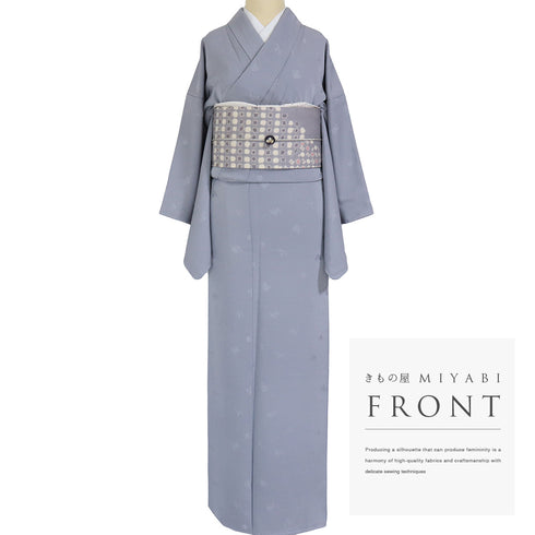 色無地 リサイクル 身丈158.5cm 裄63.8cm 袷 草花柄 パープル Mサイズ お洒落 落款 しつけ糸 正絹 広衿 地紋あり Sランク