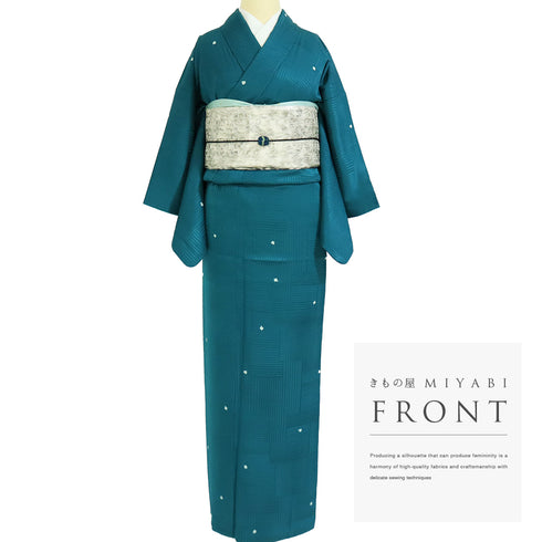 小紋 リサイクル 身丈154.2cm 裄62cm 袷 デザイン模様 地紋 グリーン Sサイズ お洒落 正絹 広衿 Sランク