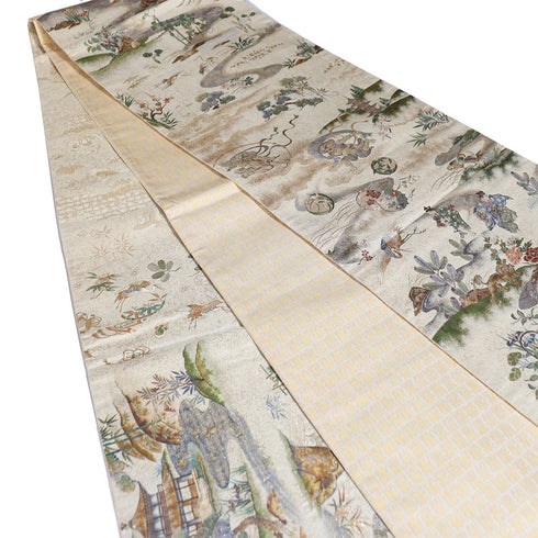 袋帯 リサイクル 帯丈450cm 全通 風景、七福神や風神雷神など 箔 リバーシブル 招福千寿文 ゴールド Lサイズ 正絹 Sランク フォーマル セミフォーマル