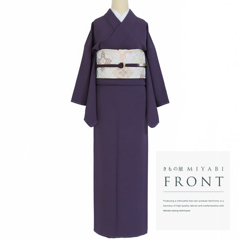 色無地 リサイクル 身丈158.2cm 裄66cm 袷 パープル Mサイズ セミフォーマル お洒落 一つ紋 しつけ糸 正絹 広衿 地紋なし Sランク