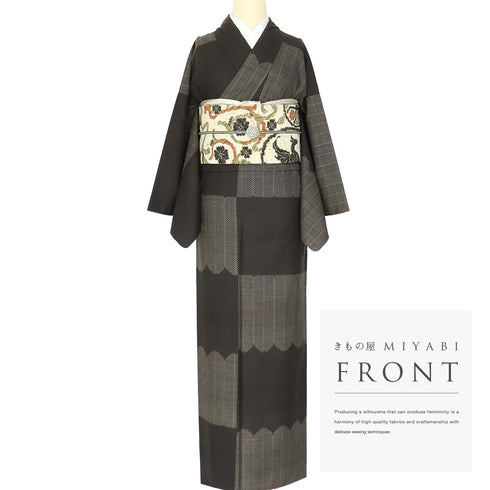 紬 リサイクル 身丈157.8cm 裄67.2cm 袷 デザイン松柄 ブラウン Mサイズ お洒落 カジュアル 正絹 広衿 Bランク