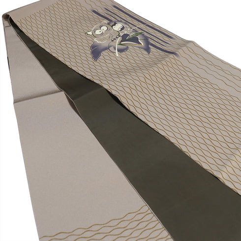 名古屋帯 リサイクル 帯丈370cm ポイント柄 梟柄 染め加工 ブラウン Mサイズ 正絹 Sランク お洒落 カジュアル