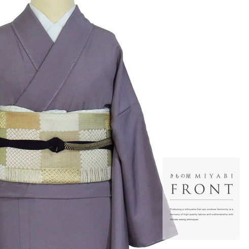 訪問着 リサイクル 身丈159cm 裄66.4cm 袷 紬 ゆったりサイズ 源氏香柄 青海派模様 松尾光琳作 パープル Mサイズ お洒落 落款 しつけ糸 正絹 広衿 Sランク