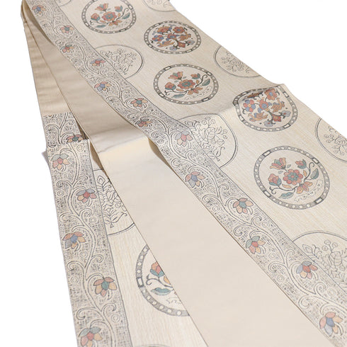 袋帯 リサイクル 帯丈426cm 六通 丸に花柄 デザイン唐花柄 ベージュ Sサイズ 正絹 新品・未使用品 お洒落