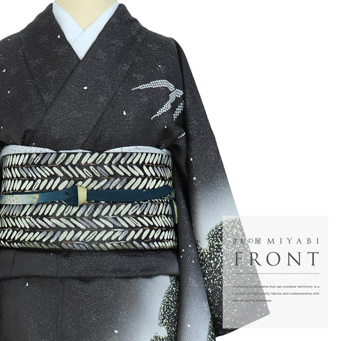 訪問着 リサイクル 身丈156.3cm 裄64.4cm 袷 雪輪染わけや竹柄 グレー Mサイズ お洒落 落款 正絹 広衿 Sランク